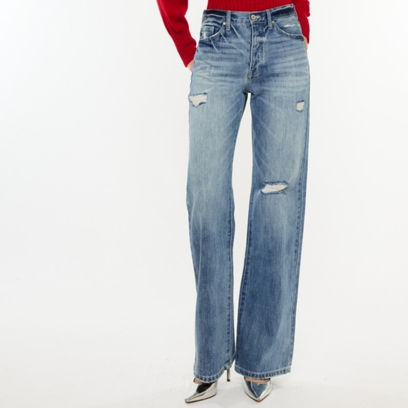 RISEN High-Rise Boyfriend Bootcut Jeans Relaxed Distressed Torn Hole Denim Pants - Picture 11 of 16